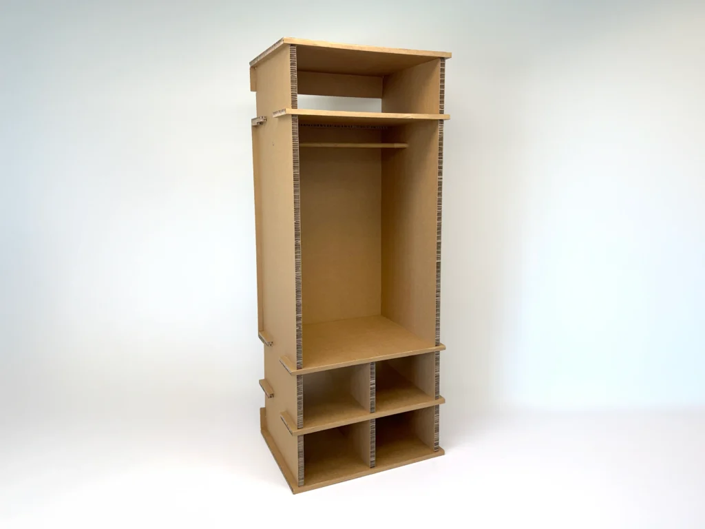 Empty Nesta cardboard wardrobe showing shelves and storage cubbies