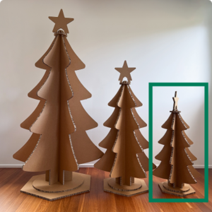 Small cardboard Christmas Tree shown next to the large and medium sizes